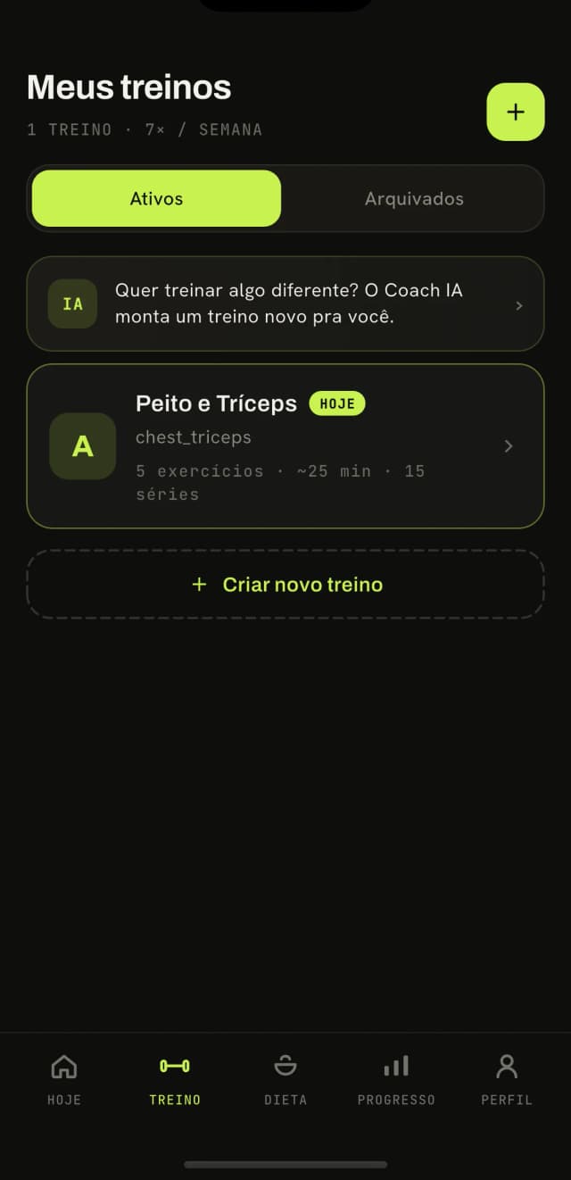 Tela de treinos do app Karven