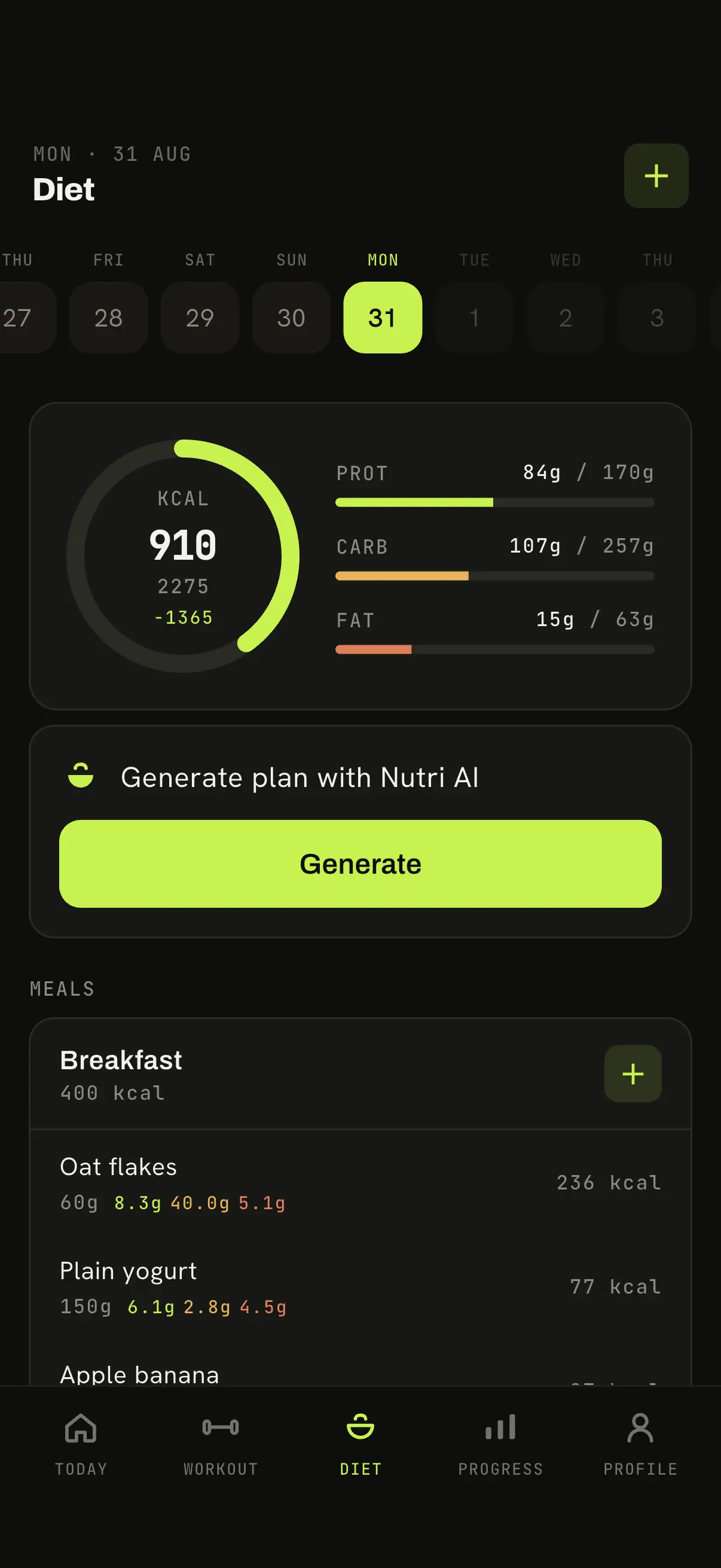 Karven app nutrition screen