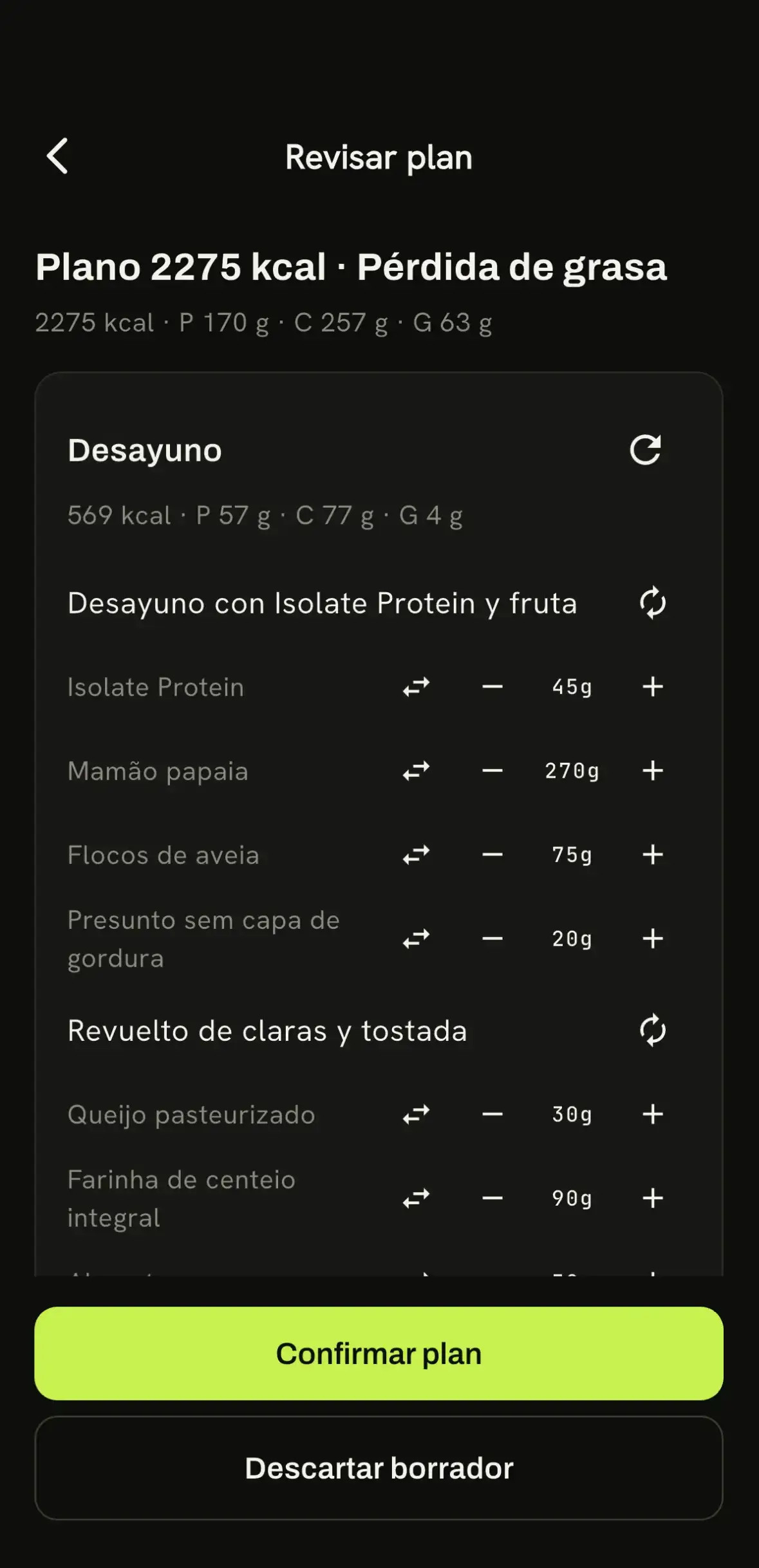 Pantalla de seguimiento nutricional de la app Karven