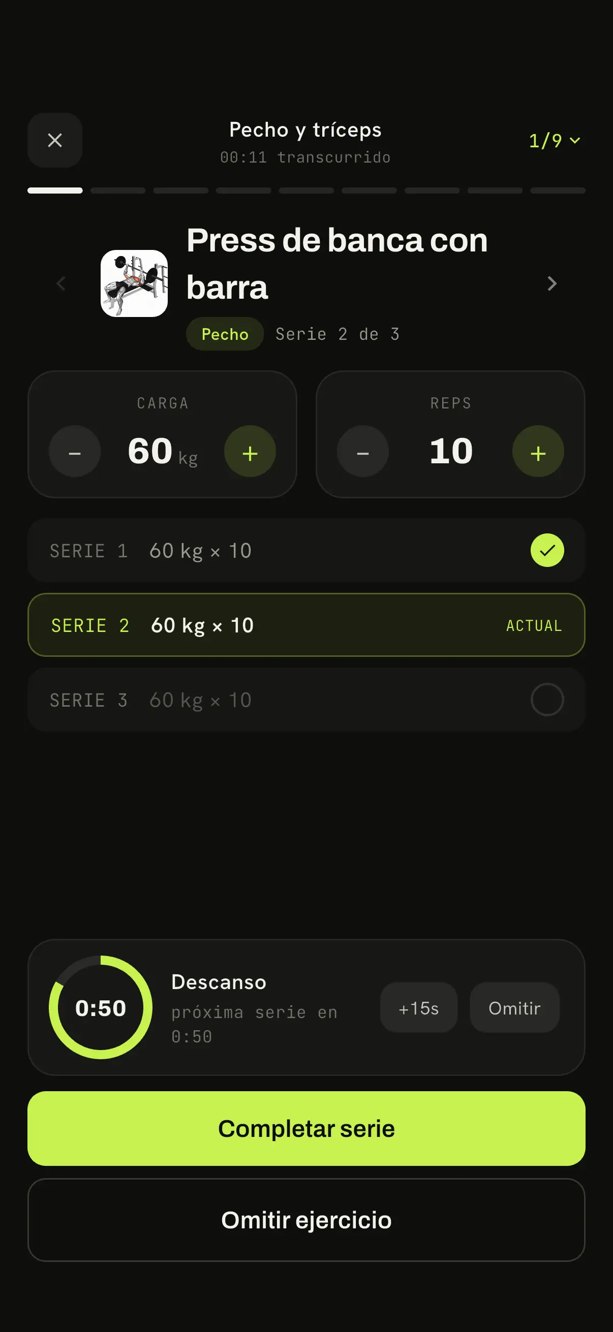 Pantalla de ejecución de entrenamiento de la app Karven