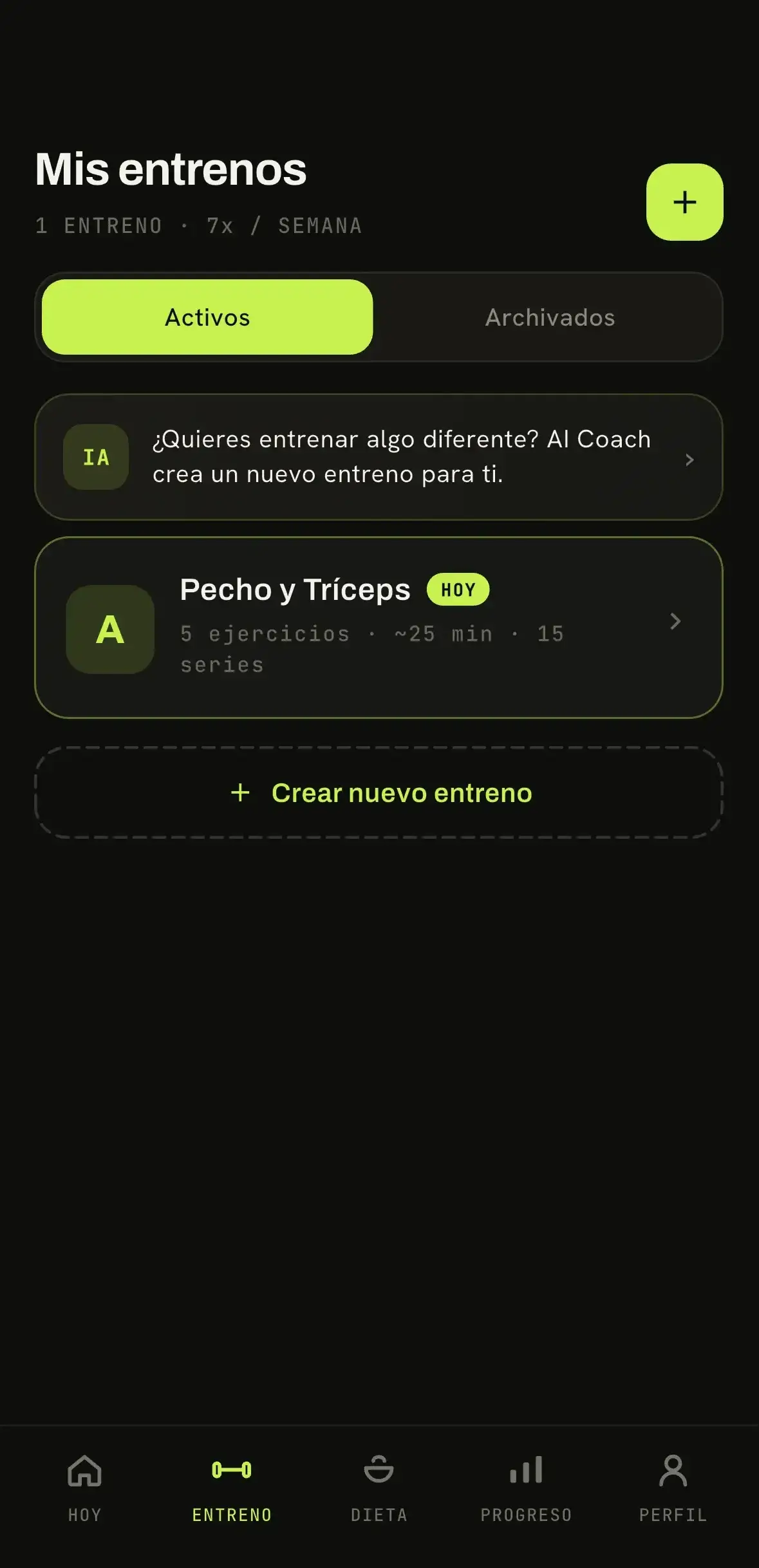 Pantalla de entrenamientos de la app Karven
