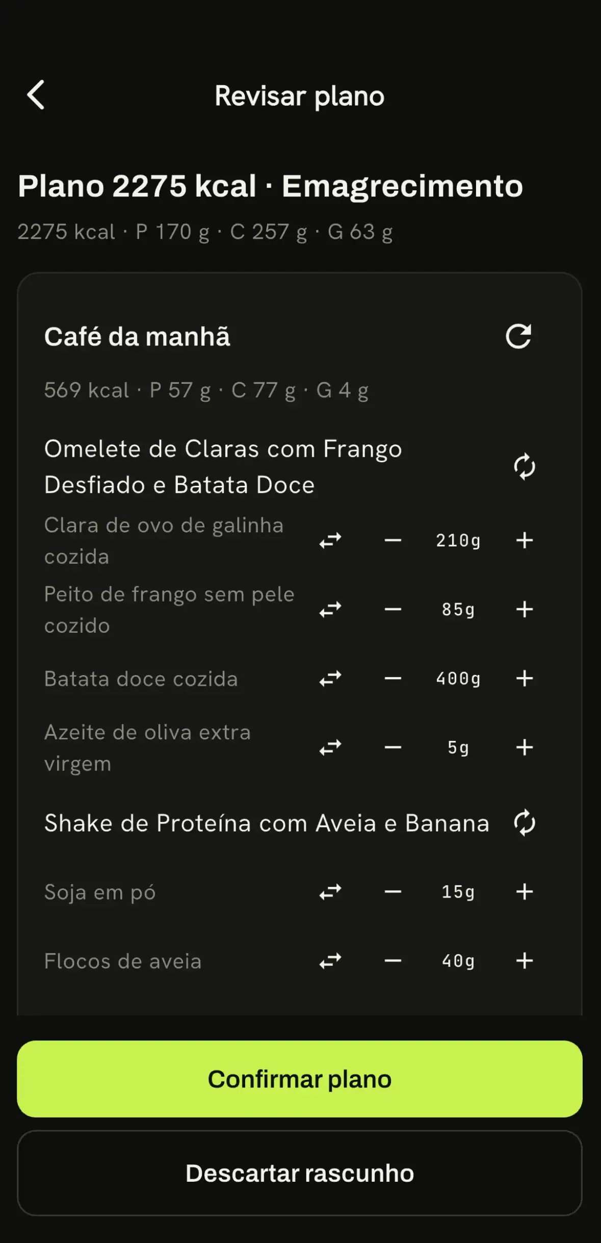 Tela de acompanhamento de nutrição do app Karven