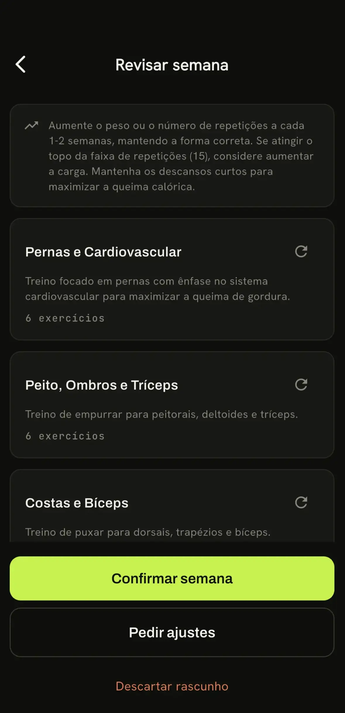 Tela de treinos personalizados do app Karven