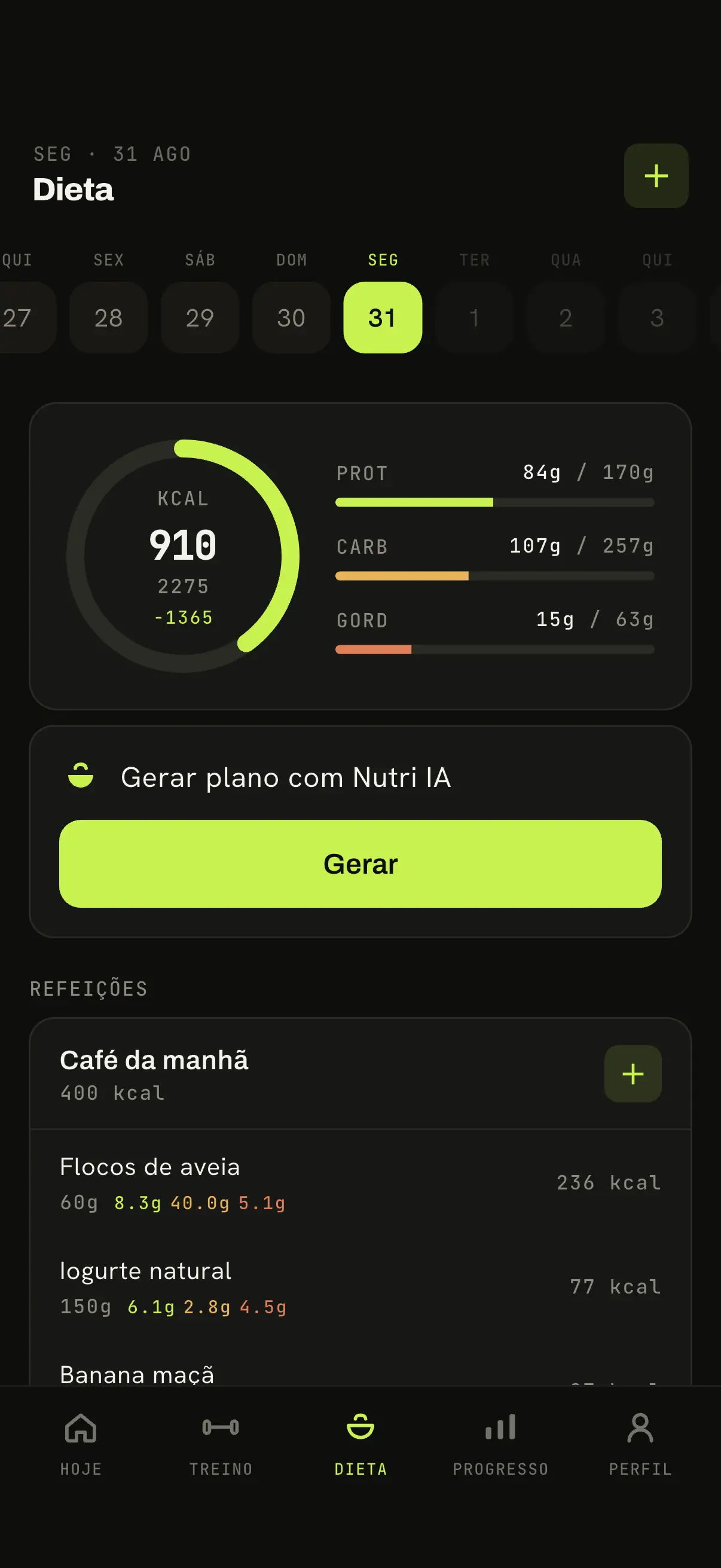 Tela de nutrição do app Karven