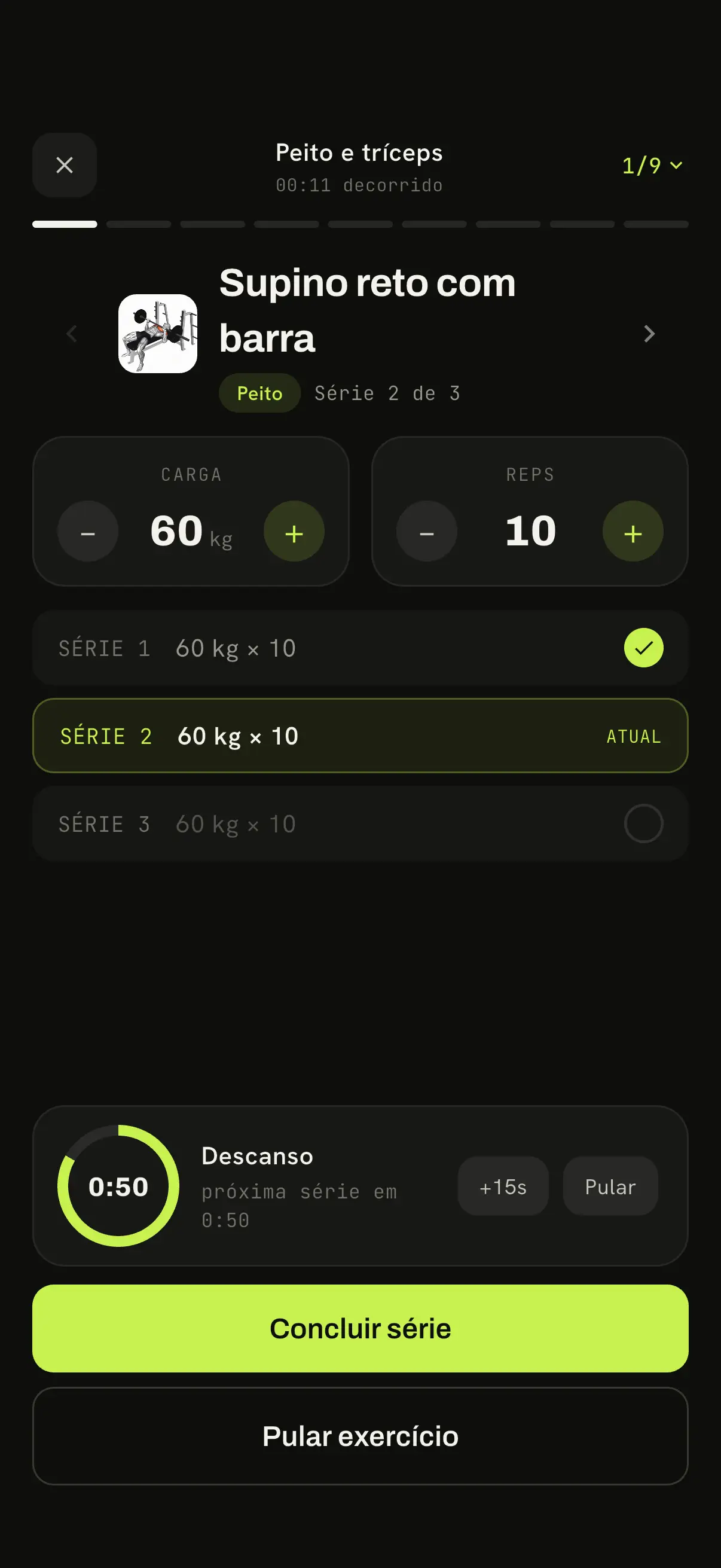 Tela de execução de treino do app Karven