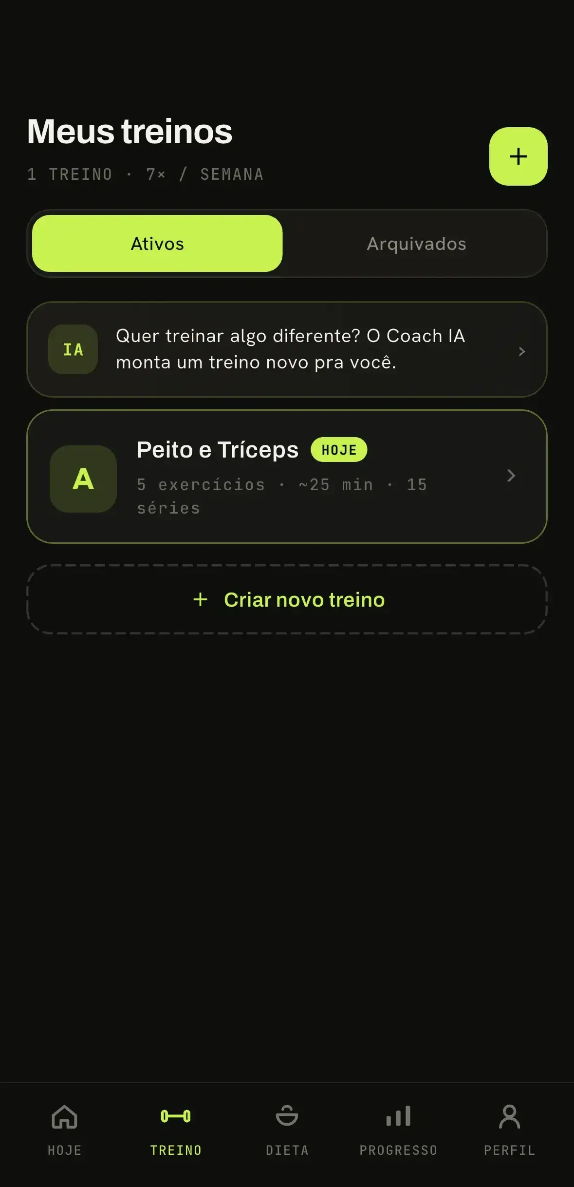 Tela de treinos do app Karven